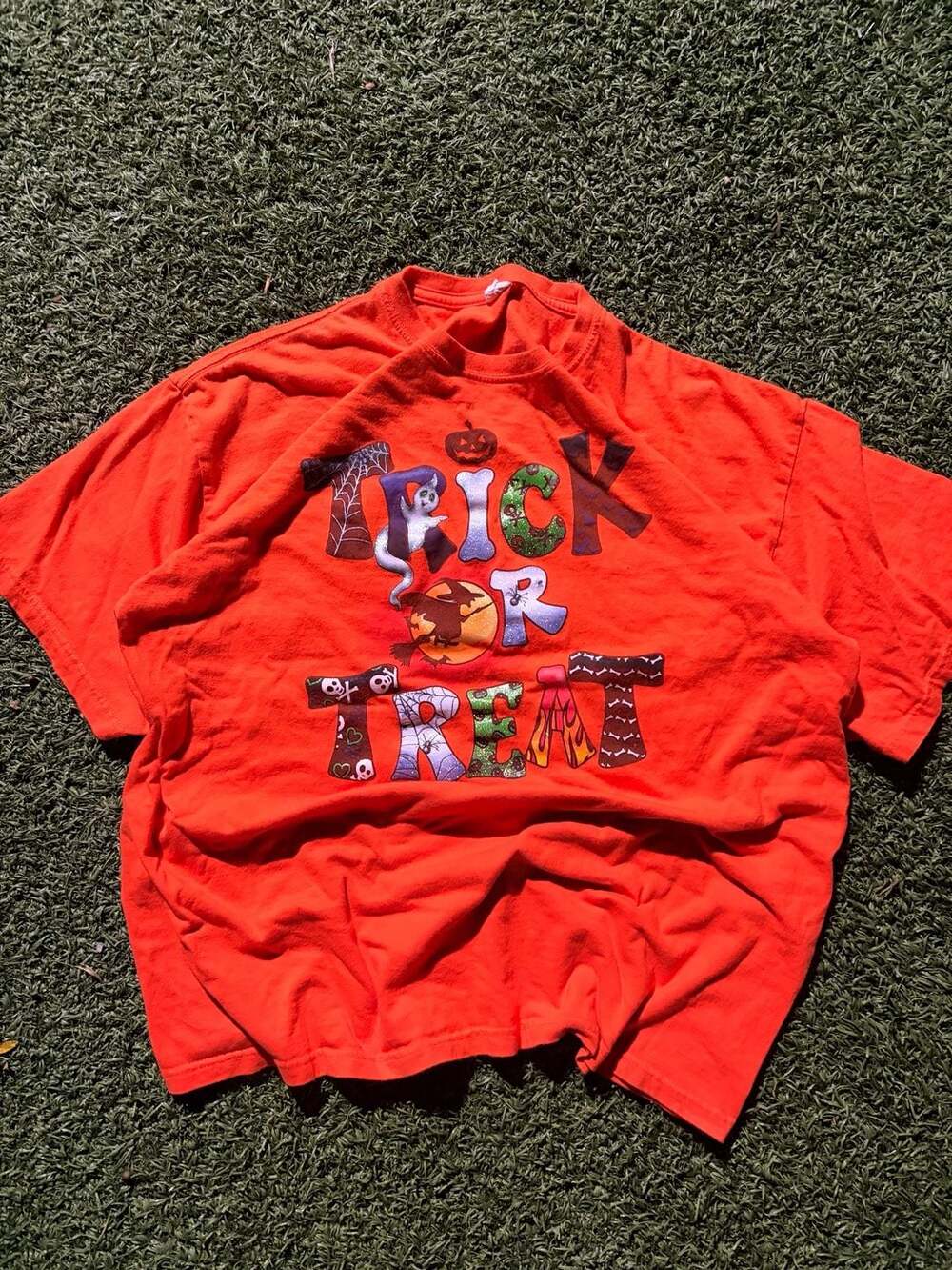 Vintage Orange Trick or Treat Halloween T-Shirt with Ghost Witch Spiders